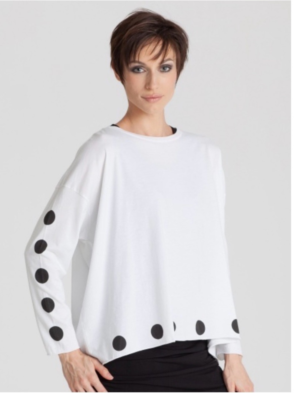 Polka Dot Boxy Tee Women’s White Long-Sleeve Top with Black Dot Detail